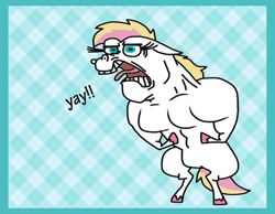 Size: 1016x787 | Tagged: safe, artist:cookie-lovey, imported from derpibooru, oc, oc only, oc:peggy, pegasus, pony, 2014, bipedal, blue background, female, flexing, like father like daughter, like parent like child, mare, muscles, muscular female, offspring, older, open mouth, parent:bulk biceps, parent:fluttershy, parents:flutterbulk, plaid background, simple background, solo, tongue out, yay, yeah!!!!!!!!