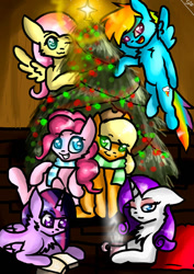 Size: 751x1063 | Tagged: safe, artist:adishu, imported from derpibooru, applejack, fluttershy, pinkie pie, rainbow dash, rarity, twilight sparkle, alicorn, earth pony, pegasus, unicorn, christmas, christmas tree, holiday, mane six, tree, twilight sparkle (alicorn)