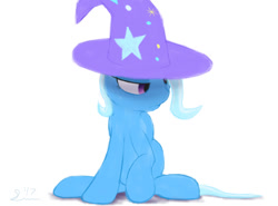 Size: 540x400 | Tagged: safe, artist:still-waters-artpony, imported from derpibooru, trixie, clothes, depressed, female, hat, looking down, raised hoof, sitting, solo, trixie's hat, unamused