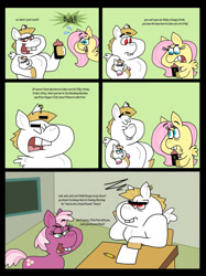 Size: 1024x1366 | Tagged: safe, artist:cookie-lovey, imported from derpibooru, bulk biceps, cheerilee, fluttershy, oc, oc:peggy, earth pony, pegasus, pony, 2014, annoyed, baby, baby bottle, baby pony, bucktooth, classroom, comic, desk, energy drink, family, father and child, father and daughter, female, filly, flutterbulk, foal, frown, holding a pony, hoof hold, male, mare, offspring, open mouth, open smile, parent:bulk biceps, parent:fluttershy, parents:flutterbulk, shipping, smiling, stallion, straight, style emulation, the fairly oddparents
