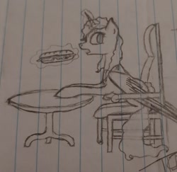 Size: 1737x1686 | Tagged: safe, artist:those kids in the corner, imported from derpibooru, oc, oc:evergreen, alicorn, pony, chair, eating, female, food, looking back, magic, mare, old art, sandwich, table, telekinesis, traditional art