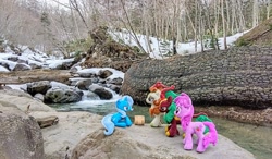 Size: 2048x1193 | Tagged: safe, imported from derpibooru, photographer:pakapaka1993, autumn blaze, berry punch, berryshine, cinder glow, summer flare, trixie, earth pony, kirin, pony, unicorn, forest background, irl, japan, photo, plushie, river, sitting, standing, water