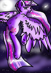 Size: 751x1063 | Tagged: safe, artist:adishu, imported from derpibooru, twilight sparkle, alicorn, pony, female, flying, full moon, looking at you, looking back, looking back at you, mare, moon, solo, starry background, twilight sparkle (alicorn)
