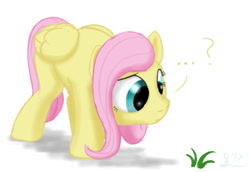 Size: 540x372 | Tagged: safe, artist:still-waters-artpony, imported from derpibooru, fluttershy, pegasus, pony, ..., curious, grass, head down, looking at something, question mark