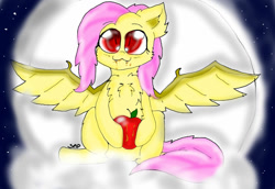 Size: 1024x704 | Tagged: safe, artist:adishu, imported from derpibooru, fluttershy, bat pony, apple, bat ponified, cloud, fangs, flutterbat, food, full moon, juice, moon, night, on a cloud, race swap, sitting, sitting on cloud, solo, spread wings, wings