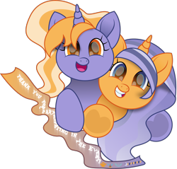 Size: 3839x3670 | Tagged: safe, artist:lincolnbrewsterfan, derpibooru exclusive, imported from derpibooru, oc, oc only, oc:imperii solem (empirica sol), oc:lunae novae (new luna), pony, unicorn, derpibooru, .svg available, 30 minute art challenge, 30 minute art challenge finished after, april fools, april fools 2023, arm around back, arm around neck, art challenge, blue, blue mane, blue tail, bust, cute, cute face, cute smile, derpibooru ponified, duo, duo female, equestria font, ethereal hair, ethereal mane, ethereal tail, female, flowing mane, glare, glow, glowing horn, gold, golden eyes, happy, holding, hoof heart, hoof hold, horn, implied princess celestia, implied princess luna, inkscape, inverted colors, logo, looking at you, mare, meta, movie accurate, multicolored hair, multicolored mane, multicolored tail, new lunar republic, ocbetes, opposites, palette swap, ponified, ponified logo, raised hoof, recolor, representative, ribbon, rule 85, serious, siblings, simple background, sisters, smiling, smiling at you, solar empire, style emulation, svg, tail, teeth, text, thank you, the war is over, translucent mane, transparent background, transparent mane, transparent tail, twin sisters, twins, underhoof, unicorn oc, vector, waving, waving at you, yellow eyes