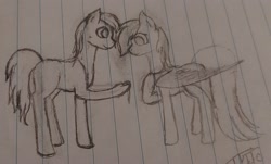 Size: 2273x1372 | Tagged: safe, artist:those kids in the corner, imported from derpibooru, rainbow dash, oc, oc:prince linden, earth pony, pegasus, pony, female, male, mare, old art, present, shocked, sketch, stallion, traditional art