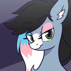 Size: 1200x1200 | Tagged: safe, artist:nova rain, imported from derpibooru, oc, oc only, oc:starskipper, bat pony, pony, :p, animated, blinking, bust, commission, ear fluff, eyebrows, eyebrows visible through hair, eyeshadow, female, long tongue, makeup, mare, one eye closed, pride, pride flag, simple background, solo, tongue out, transgender pride flag, wink