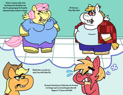 Size: 1016x787 | Tagged: safe, artist:cookie-lovey, imported from derpibooru, applejack, big macintosh, bulk biceps, fluttershy, anthro, earth pony, pegasus, pony, unguligrade anthro, 2014, applejack is not amused, arm hooves, belly, big belly, breasts, bucktooth, busty fluttershy, clothes, dialogue, fat, fattershy, female, flutterbulk, frown, implied fluttermac, implied shipping, implied straight, jacket, male, mare, nervous sweat, obese, panic, plaid, rosanne, roseanne, shipping, shirt, stallion, straight, stupidity, style emulation, text, the fairly oddparents, thought bubble, unamused