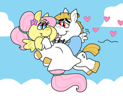Size: 1016x787 | Tagged: safe, artist:cookie-lovey, imported from derpibooru, bulk biceps, fluttershy, pegasus, pony, 2014, bowtie, bridal carry, bucktooth, carrying, clothes, cloud, dress, female, floating heart, flower, flower in hair, flutterbulk, flying, heart, just married, looking at each other, looking at someone, male, mare, shipping, sky, smiling, smiling at each other, stallion, straight, style emulation, suit, the fairly oddparents, tuxedo, wedding dress