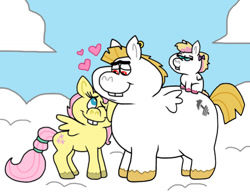 Size: 1016x787 | Tagged: safe, artist:cookie-lovey, imported from derpibooru, bulk biceps, fluttershy, oc, oc:peggy, pegasus, pony, 2014, baby, baby pony, bucktooth, cloud, family, female, filly, floating heart, flutterbulk, foal, heart, height difference, larger female, looking at each other, looking at someone, looking down, looking up, male, nuzzling, offspring, on a cloud, one eye closed, parent:bulk biceps, parent:fluttershy, parents:flutterbulk, shipping, size difference, sky, smaller female, smiling, smiling at each other, standing on a cloud, straight, style emulation, the fairly oddparents, trio