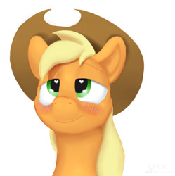 Size: 540x543 | Tagged: safe, artist:still-waters-artpony, imported from derpibooru, applejack, applejack's hat, blushing, cowboy hat, female, hat, heart, heart eyes, lidded eyes, smiling, solo, wingding eyes