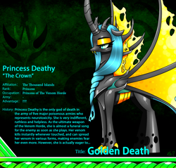 Size: 2340x2234 | Tagged: safe, artist:questionmarkdragon, imported from derpibooru, oc, oc only, changeling queen, changeling queen oc, lidded eyes, makeup, parent:queen chrysalis, smiling, solo, story included, yellow changeling