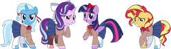 Size: 7977x2287 | Tagged: safe, artist:sketchmcreations, imported from derpibooru, starlight glimmer, sunset shimmer, trixie, twilight sparkle, alicorn, pony, unicorn, bow, bowtie, clothes, doki doki literature club, female, floppy ears, frown, hair bow, hair tie, hairclip, hoof on chest, looking at you, mare, monika, natsuki, raised leg, sayori, school uniform, simple background, skirt, smiling, transparent background, twilight sparkle (alicorn), vector, yuri (ddlc)
