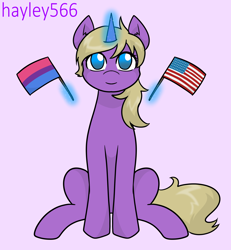 Size: 2448x2655 | Tagged: safe, artist:hayley566, imported from derpibooru, oc, oc only, oc:hay meadow, pony, unicorn, american flag, bisexual pride flag, cute, female, glowing, glowing horn, horn, magic, mare, pride, pride flag, purple background, simple background, sitting, solo