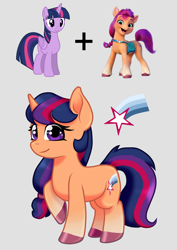 Size: 2893x4092 | Tagged: safe, artist:horsesrnaked, imported from derpibooru, sunny starscout, twilight sparkle, oc, oc:midday sun, alicorn, earth pony, pony, unicorn, cutie mark, full body, fusion, fusion:sunny starscout, fusion:twilight sparkle, g4, g5, hooves, long hair, long mane, long tail, looking at you, ponytail, raised hoof, satchel, smiling, standing, sunny and her heroine, tail