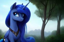 Size: 1920x1280 | Tagged: safe, derpibooru exclusive, editor:dovakkins, imported from derpibooru, princess luna, alicorn, pony, ai content, ai generated, beautiful, cute, ear fluff, female, forest background, generator:stable diffusion, jewelry, looking back, lunabetes, messy mane, missing accessory, peytral, sitting, solo, wings