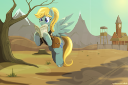 Size: 2175x1450 | Tagged: safe, artist:willoillo, imported from derpibooru, oc, oc only, oc:sunny hymn, pegasus, pony, fallout equestria, fallout equestria: red 36, bag, commission, desert, fallout, fanfic art, flying, open mouth, pegasus oc, reading, scenery, solo, spread wings, wasteland survival guide, wings