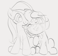 Size: 755x731 | Tagged: safe, artist:dotkwa, imported from derpibooru, fluttershy, oc, oc:deary dots, earth pony, pegasus, pony, canon x oc, duo, female, gray background, grayscale, lesbian, mare, monochrome, nuzzling, one eye closed, open mouth, open smile, shipping, simple background, smiling
