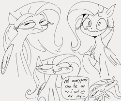 Size: 871x729 | Tagged: safe, artist:dotkwa, imported from derpibooru, fluttershy, pegasus, pony, dialogue, eyes closed, female, grayscale, lidded eyes, mare, monochrome, open mouth, open smile, smiling, solo, speech bubble, wide, wide pony