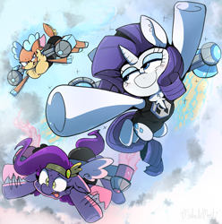 Size: 1443x1454 | Tagged: safe, artist:malachimoet, imported from derpibooru, pipp petals, rarity, deer, pegasus, pony, reindeer, unicorn, them's fightin' herds, clothes, community related, g5, jetpack, leotard, pipp and her heroine, velvet (tfh)
