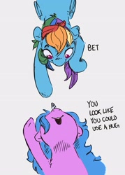 Size: 1993x2789 | Tagged: safe, artist:thefloatingtree, imported from derpibooru, izzy moonbow, rainbow dash, pegasus, pony, unicorn, blue hair, dialogue, duo, english, female, folded wings, g4, g5, horn, looking at each other, looking at someone, mare, multicolored hair, open mouth, open smile, pointing, rainbow hair, raised leg, simple background, smiling, white background, wings