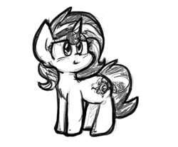 Size: 1046x865 | Tagged: safe, artist:zutcha, imported from derpibooru, sunset shimmer, pony, unicorn, black and white, female, grayscale, mare, monochrome, simple background, sketch, smiling, solo, white background