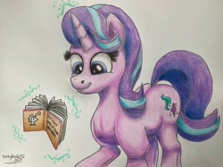 Size: 3556x2653 | Tagged: safe, artist:darkyboode32, imported from derpibooru, starlight glimmer, pony, unicorn, book, drawing, female, levitation, magic, mare, paper, reading, simple background, solo, spellbook, telekinesis, traditional art, white background