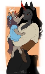 Size: 740x1200 | Tagged: safe, artist:evehly, imported from derpibooru, king sombra, oc, oc:obelisk, anthro, unguligrade anthro, unicorn, boop, breasts, carrying, cleavage, clothes, curved horn, cute, digital art, dress, female, filly, foal, horn, mare, mother and child, mother and daughter, noseboop, ocbetes, offspring, parent:butterscotch, parent:fluttershy, parent:king sombra, parent:queen umbra, parents:sombrashy, parents:umbrascotch, queen umbra, rule 63, smiling, unicorn oc, weapons-grade cute