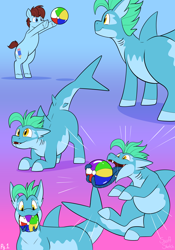 Size: 2100x3000 | Tagged: safe, artist:swiftsketchpone, imported from derpibooru, part of a set, oc, oc:jezu, monster pony, original species, pony, shark, shark pony, tatzlpony, beach ball, bipedal, comic, fangs, gills, gradient background, object vore, tentacle tongue, tentacles