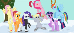 Size: 3509x1593 | Tagged: safe, artist:seshirubonsebon, imported from derpibooru, applejack, derpy hooves, fluttershy, pinkie pie, rainbow dash, rarity, twilight sparkle, earth pony, pegasus, pony, unicorn, antlers, clothes, food, hat, mane six, muffin, red nose, rudolph dash, scarf, smiling, snow, socks, striped scarf, striped socks, sweater, unicorn twilight, winter hat