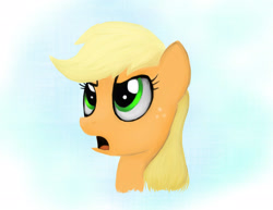 Size: 2493x1921 | Tagged: safe, artist:seshirubonsebon, imported from derpibooru, applejack, earth pony, pony, bust, frown, hatless, missing accessory, open mouth, solo