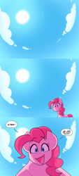 Size: 1536x3396 | Tagged: safe, artist:averysweatyboy, imported from derpibooru, part of a set, pinkie pie, bird, earth pony, pony, cloud, comic, dialogue, female, high res, human in equestria, looking at you, low angle, mare, open mouth, open smile, signature, sky, smiling, solo, speech bubble, sun, talking to viewer