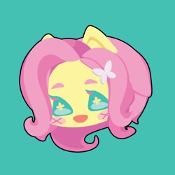 Size: 1000x1000 | Tagged: safe, artist:ushigow, imported from derpibooru, part of a set, fluttershy, human, equestria girls, blush sticker, blushing, bust, butterfly hairpin, chibi, eared humanization, green background, head only, humanized, simple background, solo