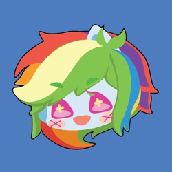 Size: 1000x1000 | Tagged: safe, artist:ushigow, imported from derpibooru, part of a set, rainbow dash, human, equestria girls, blue background, blush sticker, blushing, bust, chibi, eared humanization, head only, humanized, simple background, solo