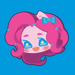Size: 1000x1000 | Tagged: safe, artist:ushigow, imported from derpibooru, part of a set, pinkie pie, human, equestria girls, blue background, blush sticker, blushing, bow, bust, chibi, eared humanization, hair bow, head only, humanized, simple background, solo