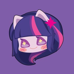 Size: 1000x1000 | Tagged: safe, artist:ushigow, imported from derpibooru, part of a set, twilight sparkle, human, equestria girls, blush sticker, blushing, bust, chibi, cutie mark accessory, cutie mark hair accessory, eared humanization, hair accessory, head only, humanized, purple background, simple background, solo