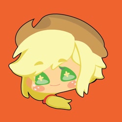 Size: 1000x1000 | Tagged: safe, artist:ushigow, imported from derpibooru, part of a set, applejack, human, equestria girls, blush sticker, blushing, bust, chibi, hat, head only, humanized, orange background, simple background, solo