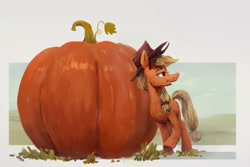 Size: 3335x2232 | Tagged: safe, artist:horsewizardart, artist:inkhooves, imported from derpibooru, applejack, earth pony, pony, anatomically incorrect, female, giant food, grin, incorrect leg anatomy, lidded eyes, mare, pumpkin, smiling, solo