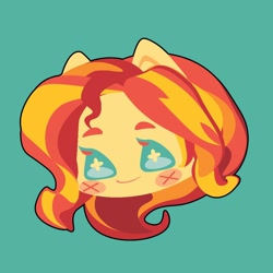 Size: 1000x1000 | Tagged: safe, artist:ushigow, imported from derpibooru, part of a set, sunset shimmer, human, equestria girls, blush sticker, blushing, bust, chibi, eared humanization, green background, head only, humanized, simple background, solo