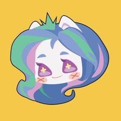 Size: 1000x1000 | Tagged: safe, artist:ushigow, imported from derpibooru, part of a set, princess celestia, human, equestria girls, blush sticker, blushing, bust, chibi, eared humanization, head only, humanized, simple background, solo, yellow background