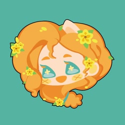 Size: 1000x1000 | Tagged: safe, artist:ushigow, imported from derpibooru, part of a set, pear butter, human, equestria girls, blush sticker, blushing, bust, chibi, eared humanization, flower, flower in hair, green background, head only, humanized, simple background, solo