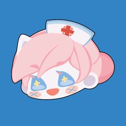 Size: 1000x1000 | Tagged: safe, artist:ushigow, imported from derpibooru, part of a set, nurse redheart, human, equestria girls, blue background, blush sticker, blushing, bust, chibi, eared humanization, four ears, hat, head only, humanized, nurse hat, simple background, solo