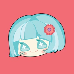 Size: 1000x1000 | Tagged: safe, artist:ushigow, imported from derpibooru, part of a set, coco pommel, human, equestria girls, blush sticker, blushing, bust, chibi, flower, flower in hair, head only, humanized, pink background, simple background, solo