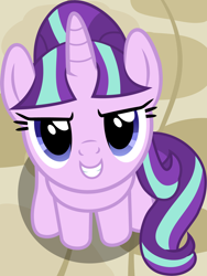 Size: 1476x1963 | Tagged: safe, artist:badumsquish-edits, artist:jaye, derpibooru exclusive, imported from derpibooru, part of a set, starlight glimmer, pony, unicorn, badumsquish's kitties, cute, evil grin, female, glimmerbetes, grin, happy, looking at you, looking up, looking up at you, mare, our town, s5 starlight, sitting, smiling, smiling at you, solo, weapons-grade cute