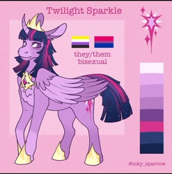Size: 719x727 | Tagged: safe, artist:inky_sparrow, imported from derpibooru, twilight sparkle, alicorn, alternate design, bisexual, bisexual pride flag, color palette, crown, cutie mark, digital art, headcanon, hoof shoes, horn, jewelry, name, nonbinary pride flag, peytral, pride, pride flag, pronouns, regalia, sexuality headcanon, signature, solo, starry tail, tail, twilight sparkle (alicorn)