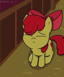 Size: 834x1004 | Tagged: safe, artist:realdash, imported from derpibooru, apple bloom, earth pony, pony, adorabloom, apple bloom's bow, barn, bow, cute, eye clipping through hair, eyes closed, female, filly, foal, hair bow, hay, sitting, sleeping, solo, the cmc's cutie marks