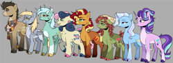 Size: 3671x1351 | Tagged: safe, artist:zowwyroo, imported from derpibooru, bon bon, derpy hooves, doctor whooves, lyra heartstrings, starlight glimmer, sunset shimmer, sweetie drops, time turner, tree hugger, trixie, earth pony, pegasus, pony, unicorn, chest fluff, clothes, cloven hooves, curved horn, ear piercing, earring, fourth doctor's scarf, glasses, gray background, horn, jewelry, piercing, scarf, simple background, striped scarf, unshorn fetlocks