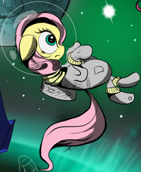 Size: 1584x1921 | Tagged: dead source, safe, artist:hereticofdune, edit, imported from derpibooru, fluttershy, pegasus, pony, cropped, space, space helmet, spacesuit, stars