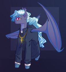 Size: 3122x3392 | Tagged: safe, artist:dreamyrat, imported from derpibooru, oc, oc only, bat pony, pony, undead, vampire, bat pony oc, bat wings, blue mane, clothes, commission, cross, ear fluff, glasses, male, pink eyes, priest, simple background, solo, stallion, wings